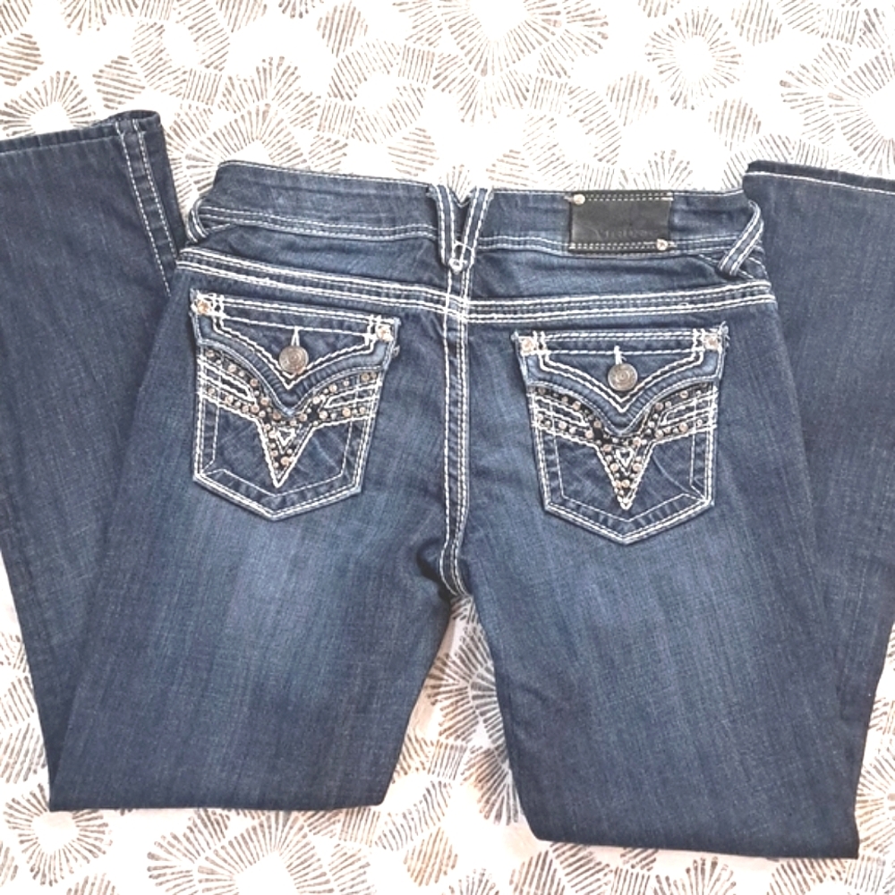 Vigoss NY Bootcut blingy denim faux diamond thick stitches sz9 30x28